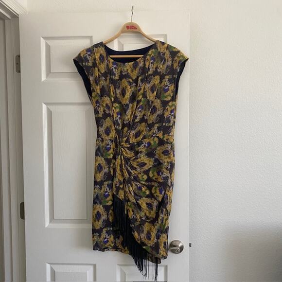Thakoon Dress 100% Silk Lined Fringe Drape Knotted Waist Side Zip Women's 8 - Picture 1 of 16
